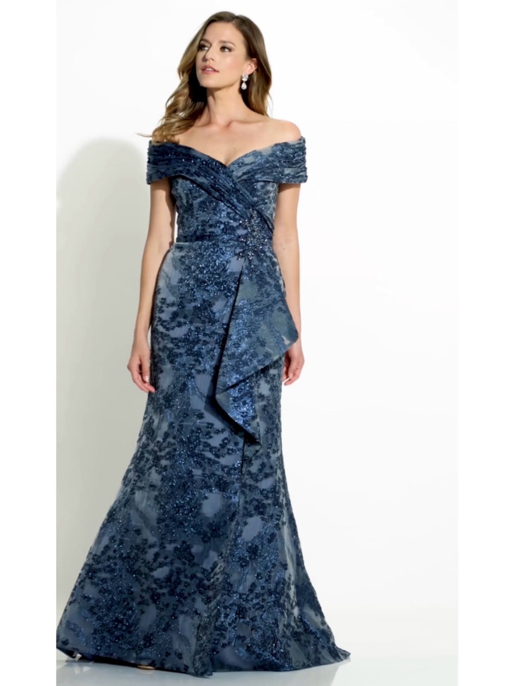 Mon Cheri Navy Brocade Sequin Embellished Evening Gown - Mother of Bride/Groom